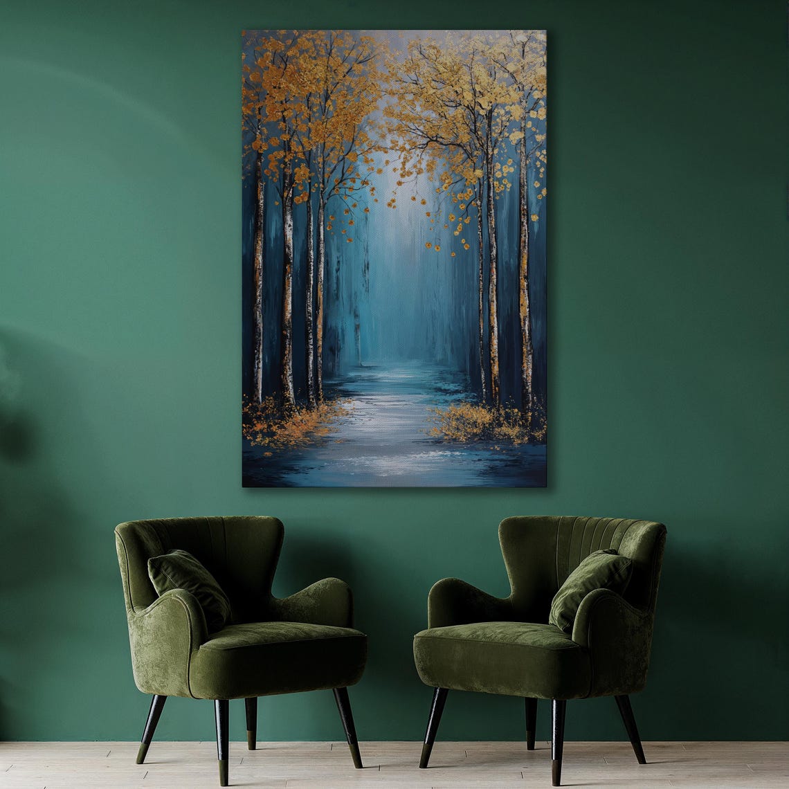 Golden Leaf Birch Trees Along a Misty Teal Forest Path Poster - Image 2