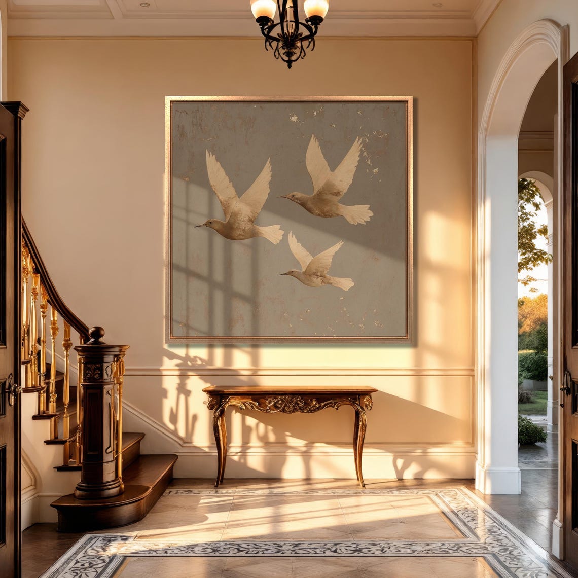 Three Flying Birds in Sepia Gold Minimalist Nature Art Poster - Image 5
