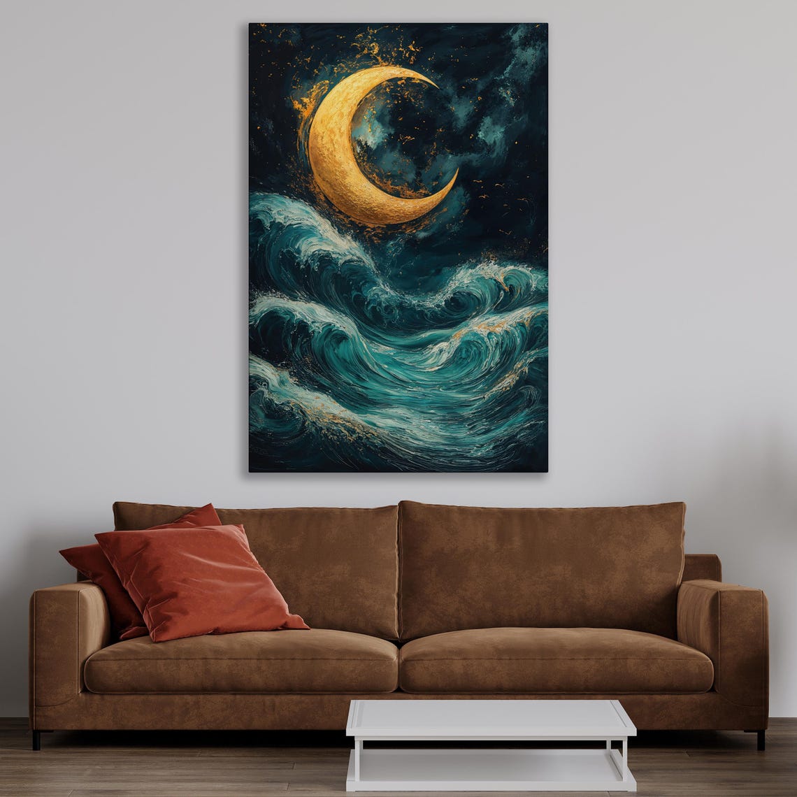 Golden Crescent Moon Over Teal Ocean Waves at Night Sky Poster - Image 3