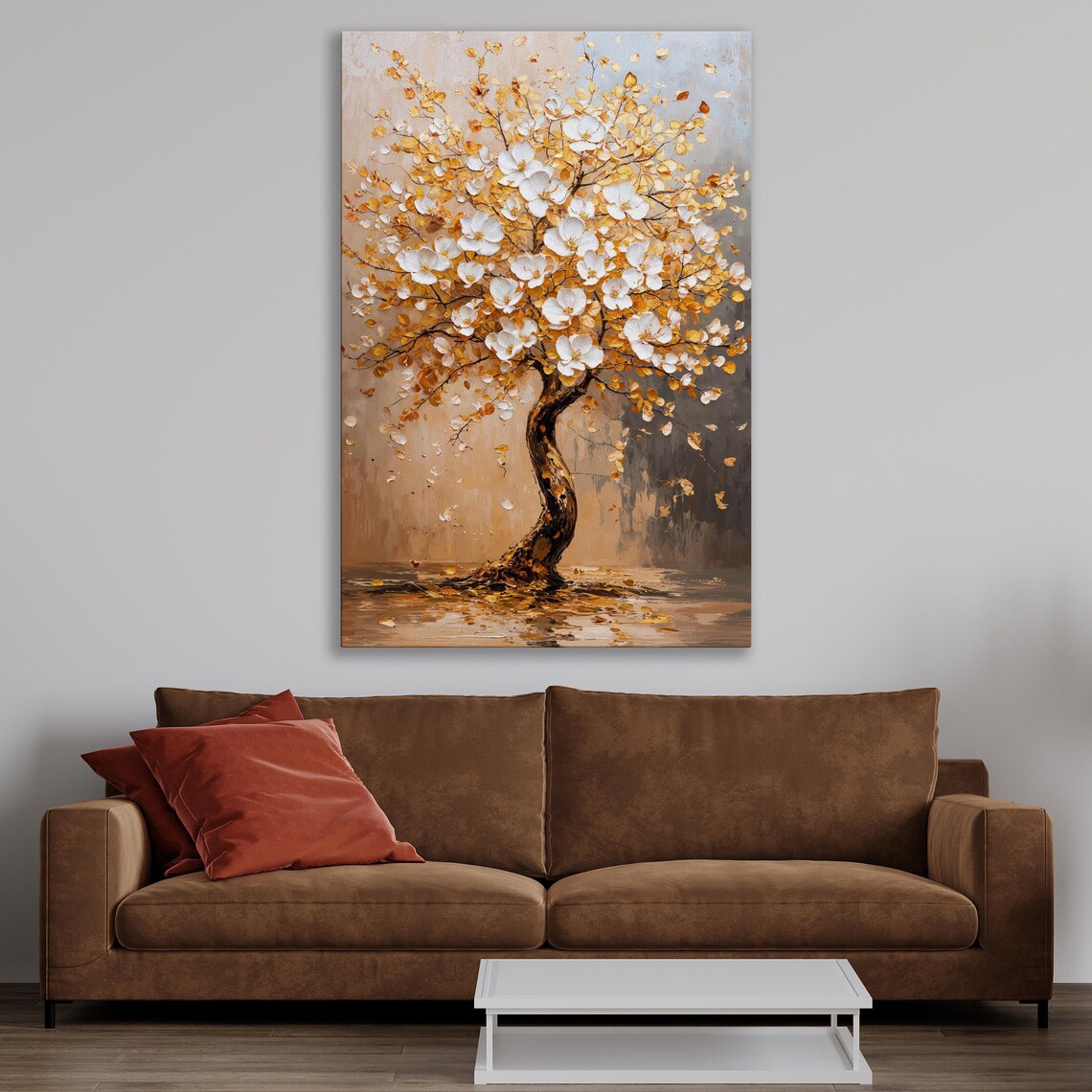 White Blossom Tree With Golden Leaves Nature Painting Wall Art - Image 3