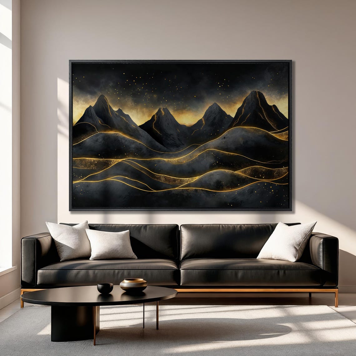 Surreal Mountain Landscape Wall Art Dark Mountains Painting Print Black And Gold Wall Decor Abstract Night Sky Poster Ready To Hang - Image 2