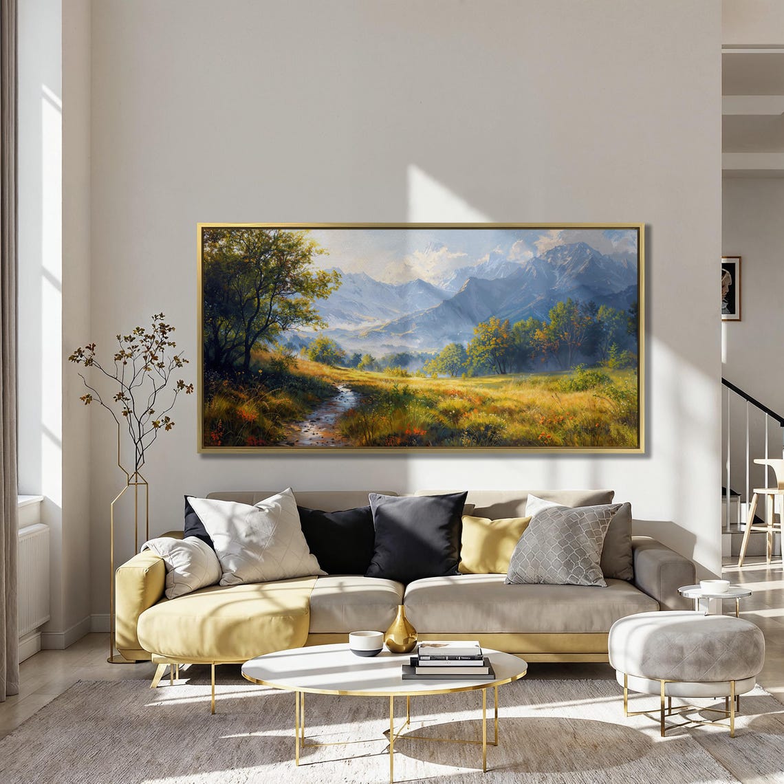 Golden Meadow And Stream Beneath Misty Snowy Peaks Landscape Poster - Image 3