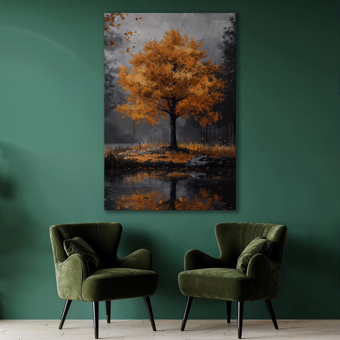 Vibrant Autumn Tree by a Lake on a Rocky Shore Landscape Poster - Image 2