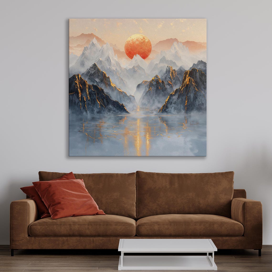 Red Sun Setting Over Misty Mountains and a Lake Landscape Poster - Image 2