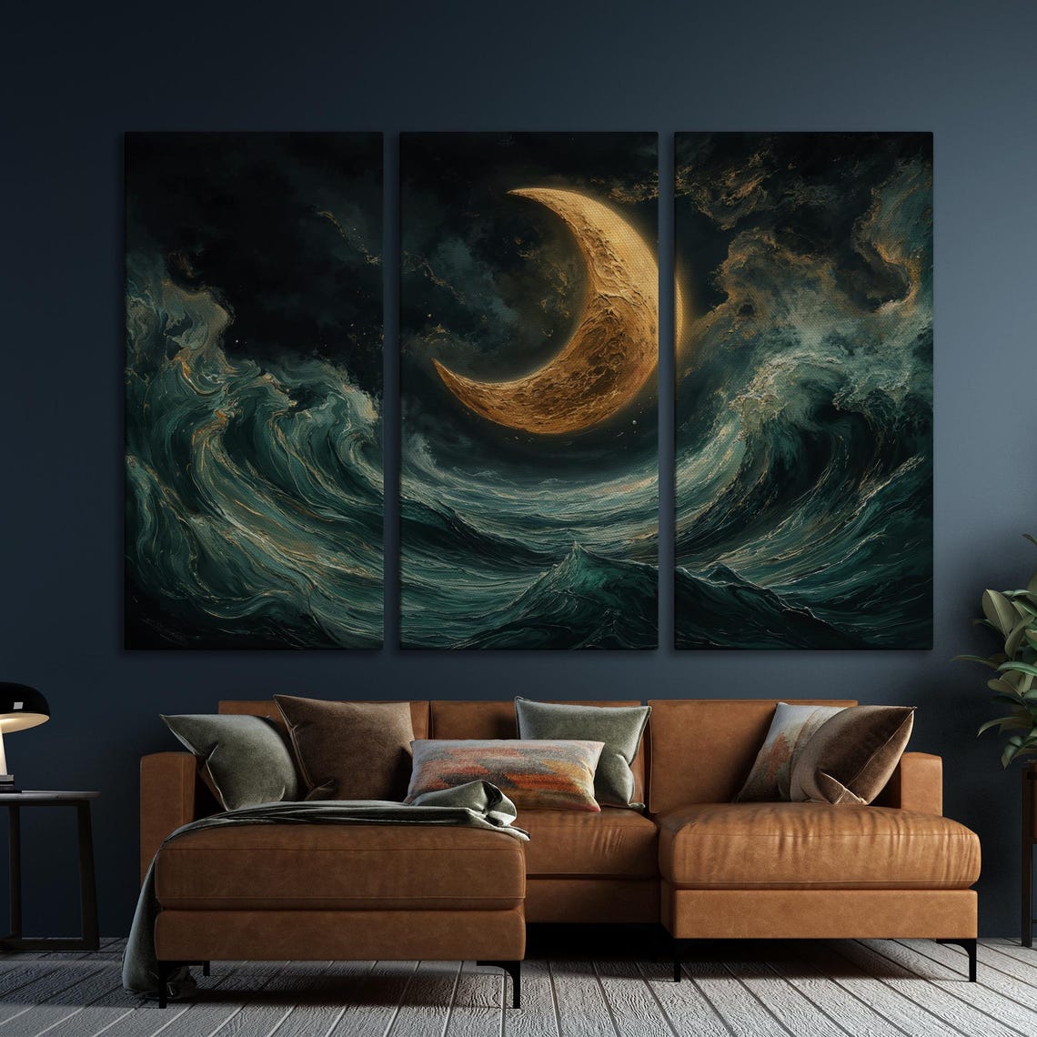 Golden Crescent Moon Over Rolling Ocean Waves At Night Poster - Image 5