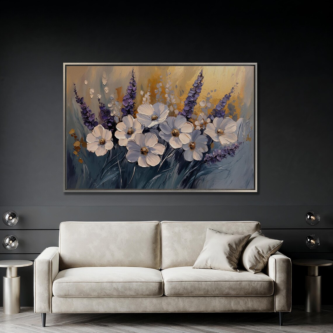 White Flowers And Lavender Sprigs On Golden Glow Painting Poster - Image 4