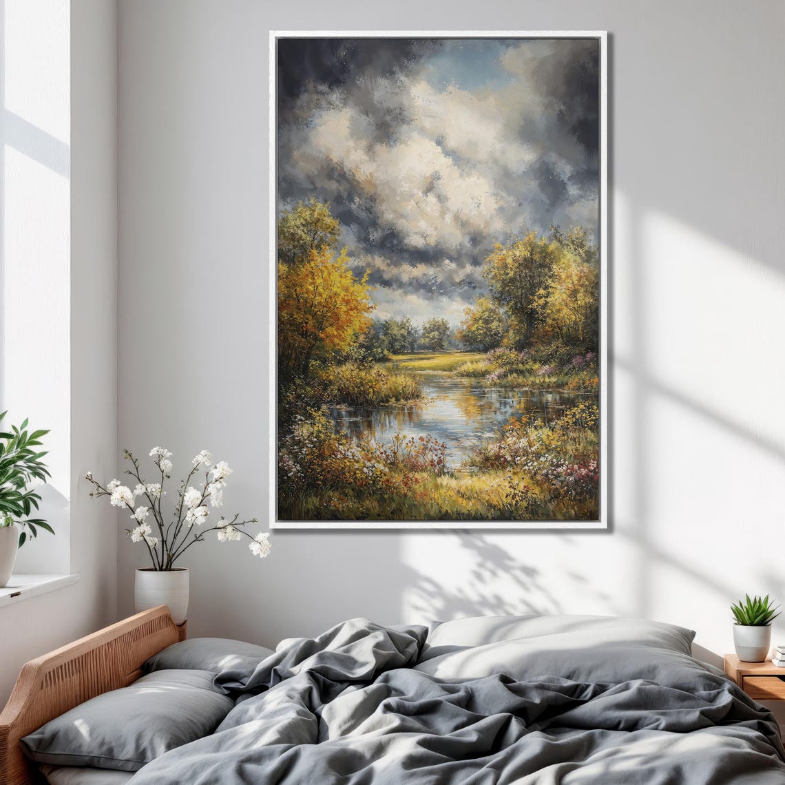 Golden Autumn Forest Pond With Wildflowers Under Stormy Sky Poster - Image 2