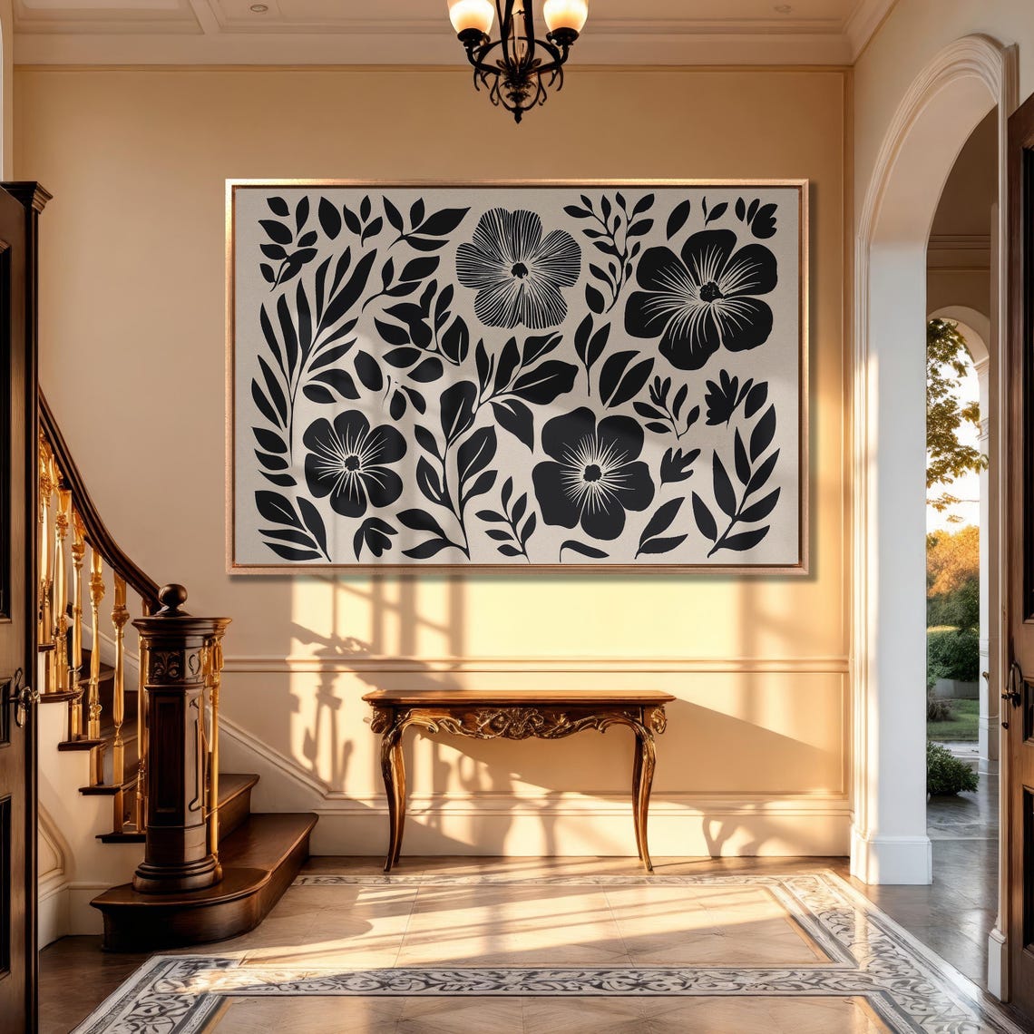 Black And White Botanical Floral Silhouette Pattern On Beige Poster - Image 5