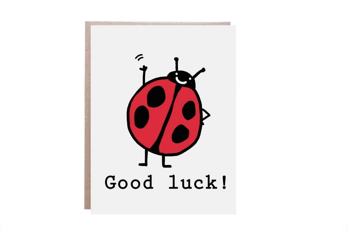 Good Luck Waving Red Ladybug Cheerful Wish Greeting Card Poster