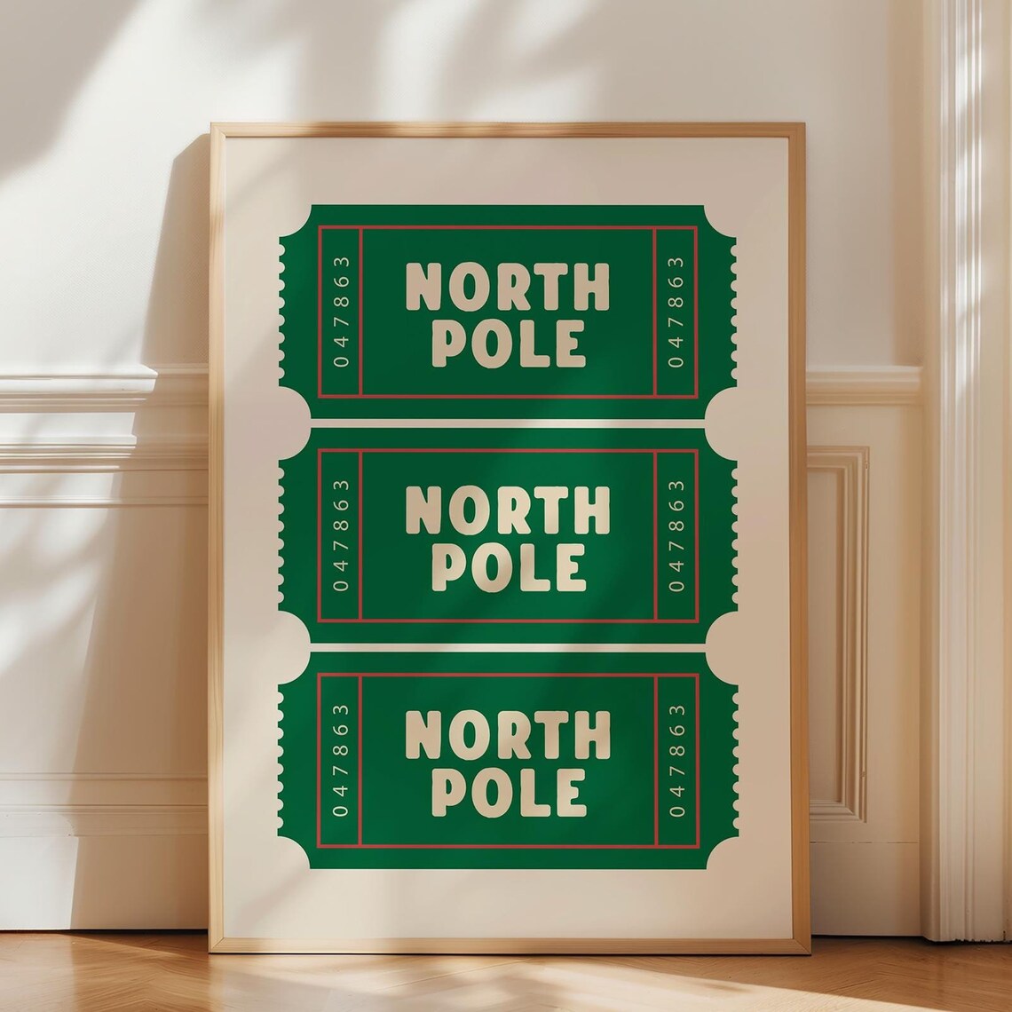 North Pole Tickets Green Christmas Ticket Stub Trio Retro Poster