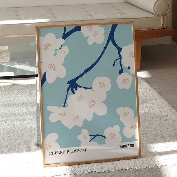 Cherry Blossom Wall Print Abstract Floral In Blue Japanese Botanical Wall Art Minimalist Room Decor Aesthetic Room Decor Art