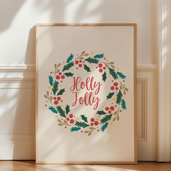 Holly Jolly Christmas Wreath Festive Holiday Cozy Winter Decor Poster