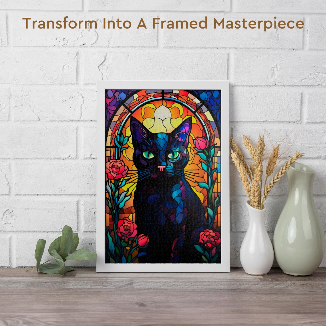 Stained Glass Black Cat Roses Gothic Window Jigsaw Puzzle Art Poster - Image 2