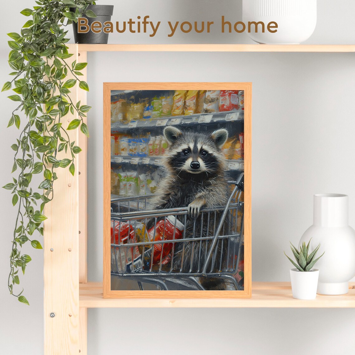 Raccoon Riding in a Supermarket Shopping Cart Oil Painting Poster - Image 3