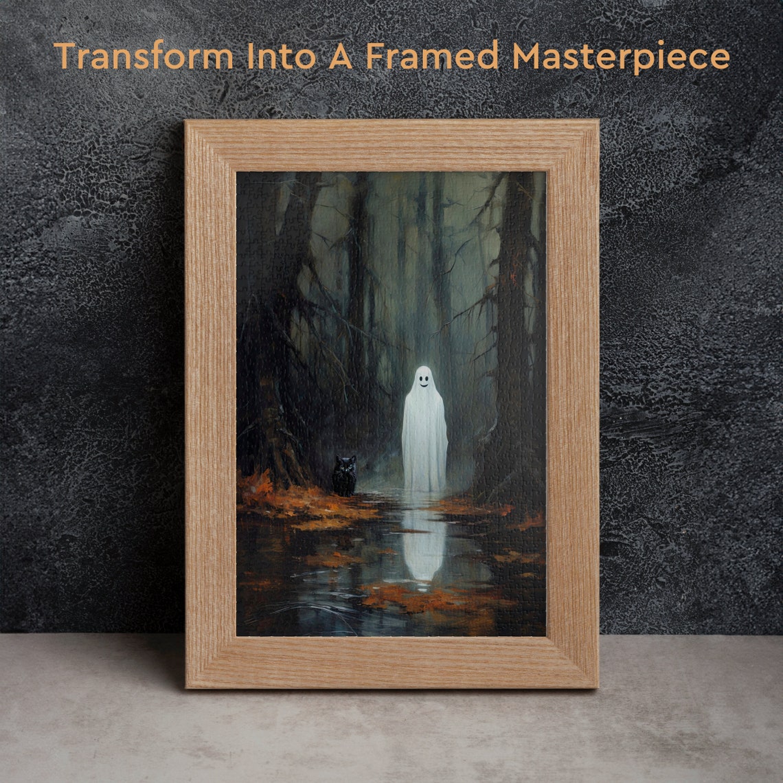Smiling Ghost and Black Cat in a Misty Autumn Forest Stream Poster - Image 2