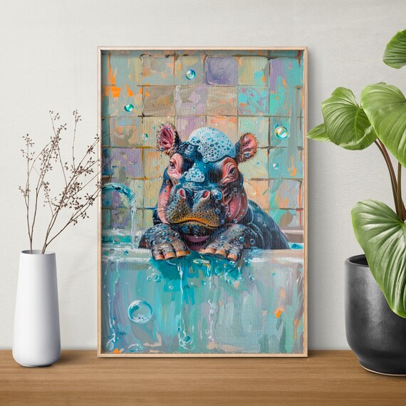 Baby Hippo Bubble Bath in Tiled Bathtub Whimsical Painted Art Poster