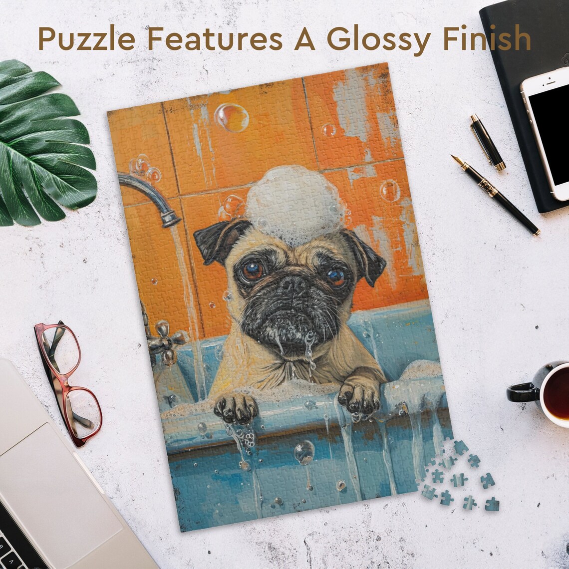 Funny Pug Dog Enjoying a Bubble Bath with Soap Suds Painting Poster - Image 3
