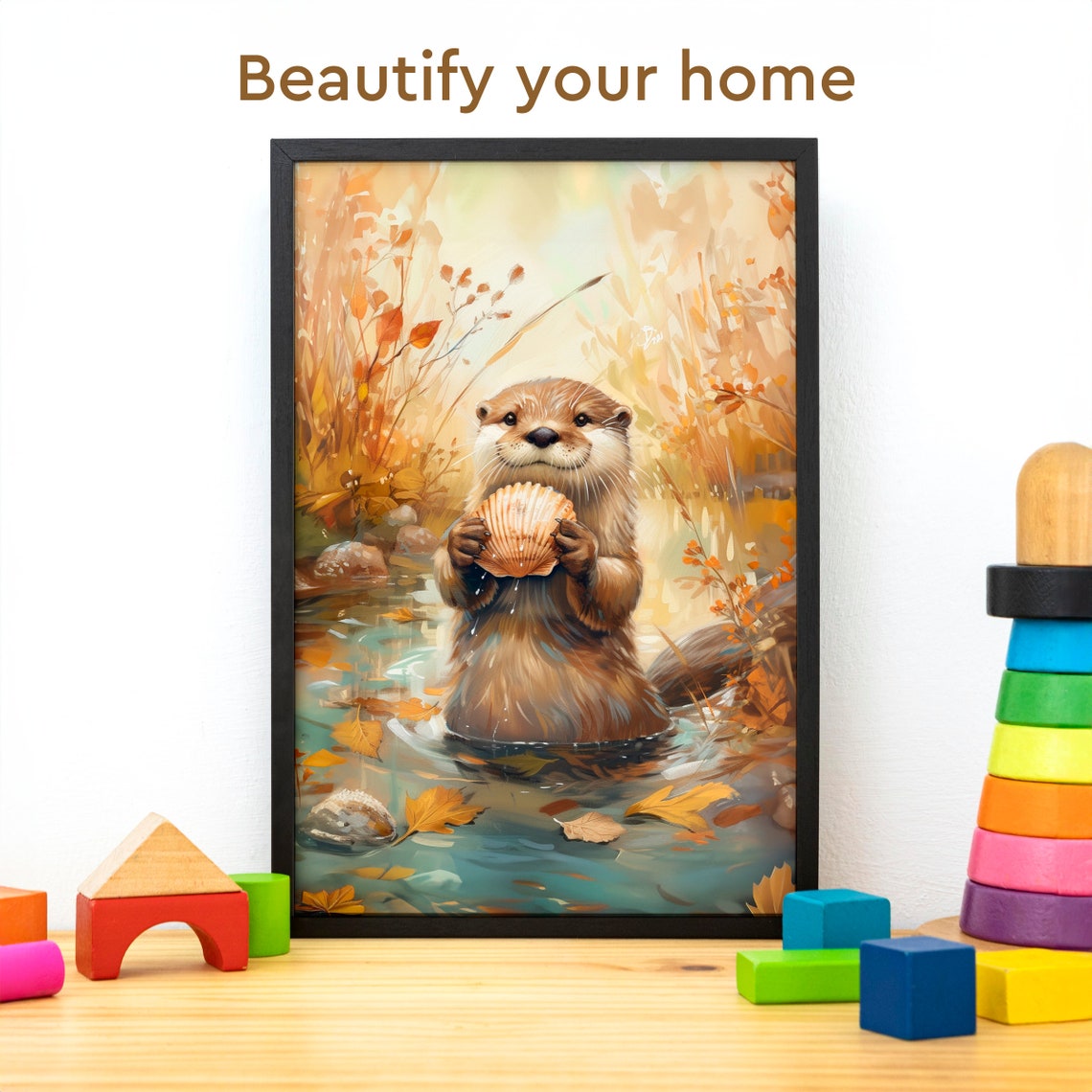 Playful Otter Holding a Scallop Shell in an Autumn Stream Poster - Image 3