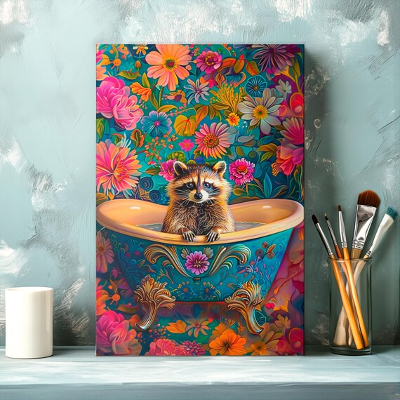 Cute Raccoon Soaking In An Ornate Bathtub Surrounded By Flowers Poster