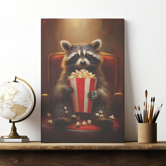 Fluffy Raccoon Holding Giant Popcorn Bucket in Red Cinema Seat Movie Night Poster