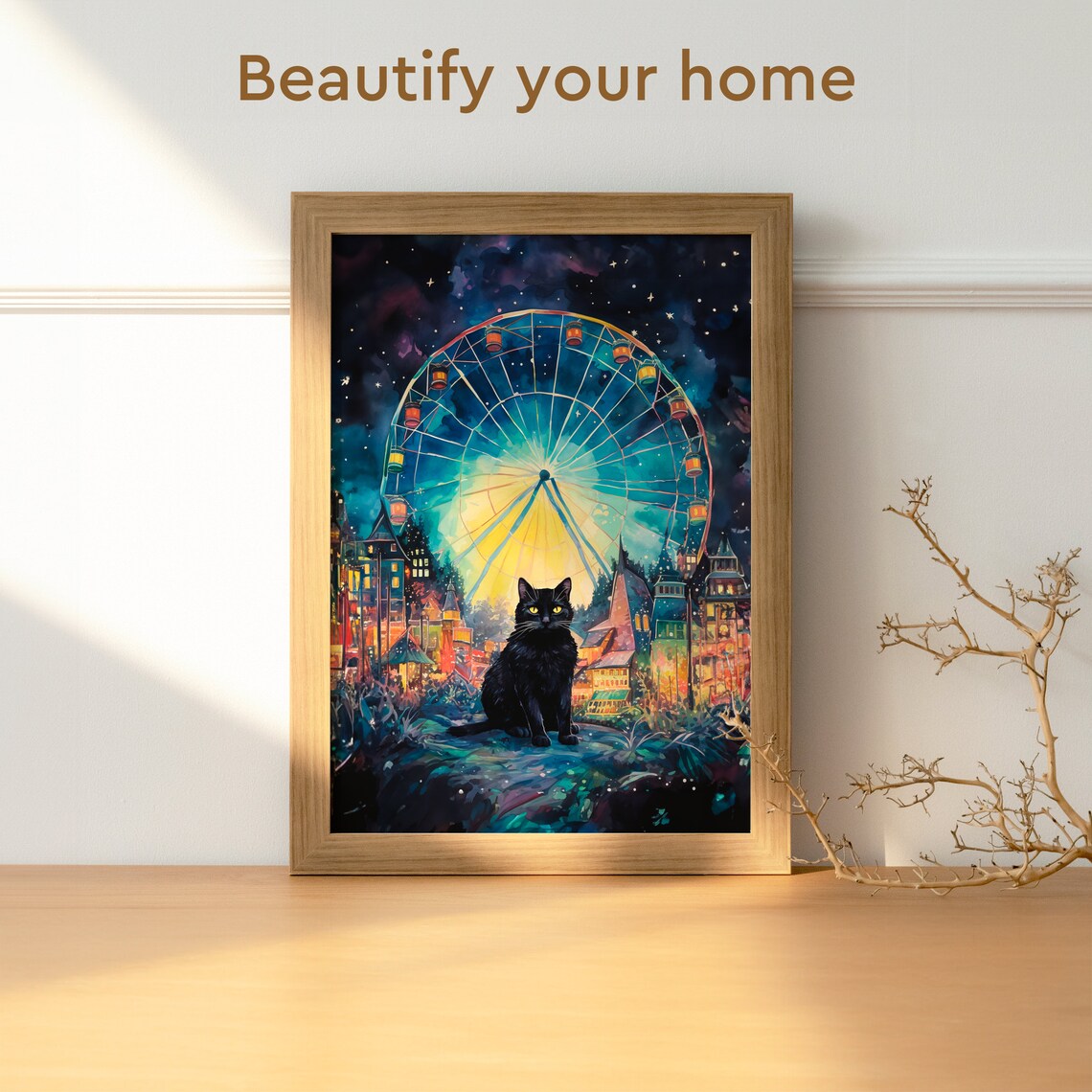 Black Cat Starry Night Amusement Park Ferris Wheel Watercolor Poster - Image 3
