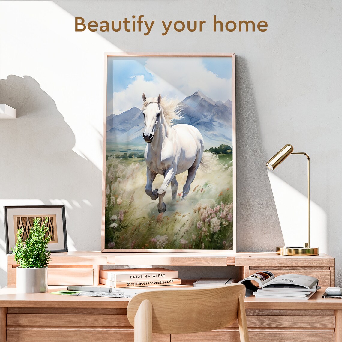 White Horse Galloping Meadow Mountain Valley Watercolor Animal Poster - Image 3