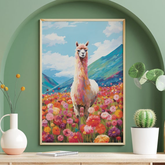 Llama Alpaca Floral Vintage Poster, Nursery Decor