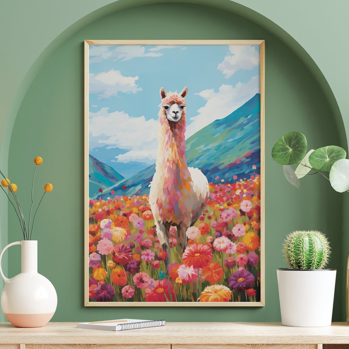 Llama Alpaca Floral Vintage Poster, Nursery Decor