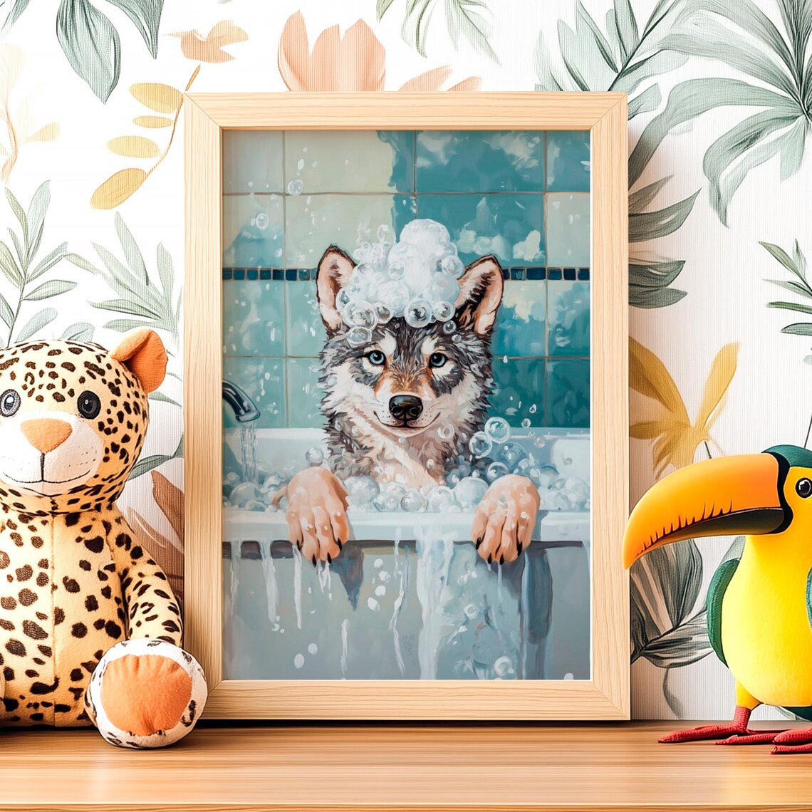 Bathtub Bubble Bath Wolf Art Print, Funny Bathroom Decor