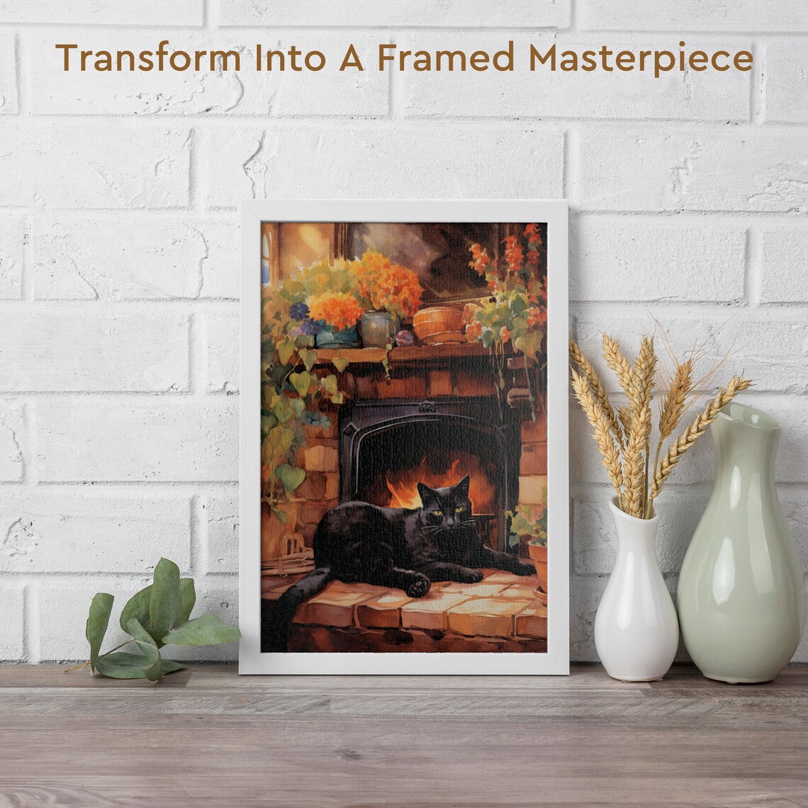 Black Cat Lounging by a Crackling Fireplace Under a Floral Mantel Poster - Image 2