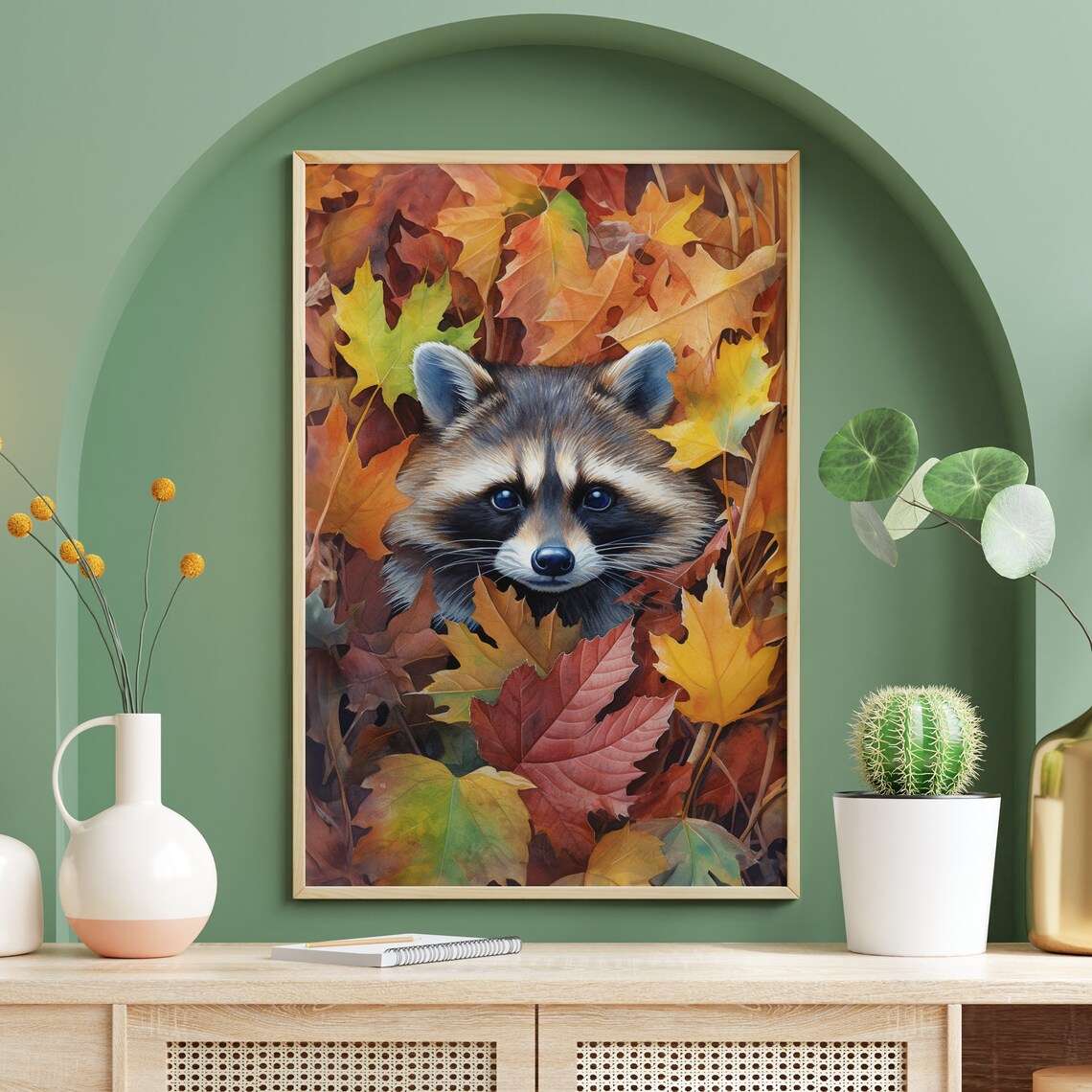 Cute Raccoon Peeking Through Autumn Leaves Fall Watercolor Poster