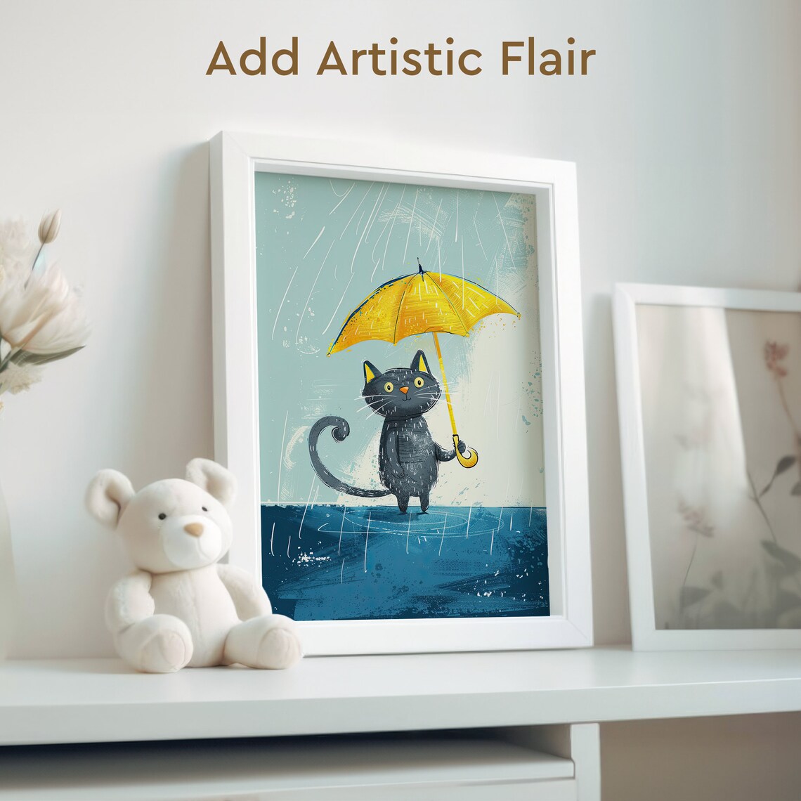 Black Cat Holding a Yellow Umbrella in the Rain Illustration Poster - Image 2