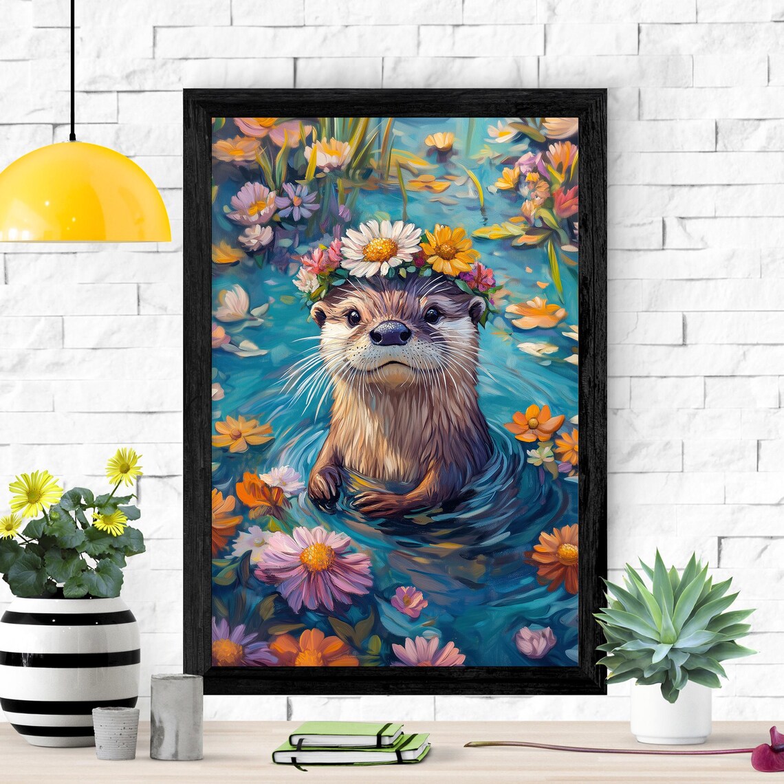 River Otter Wearing a Daisy Flower Crown Floating Among Blooms Poster