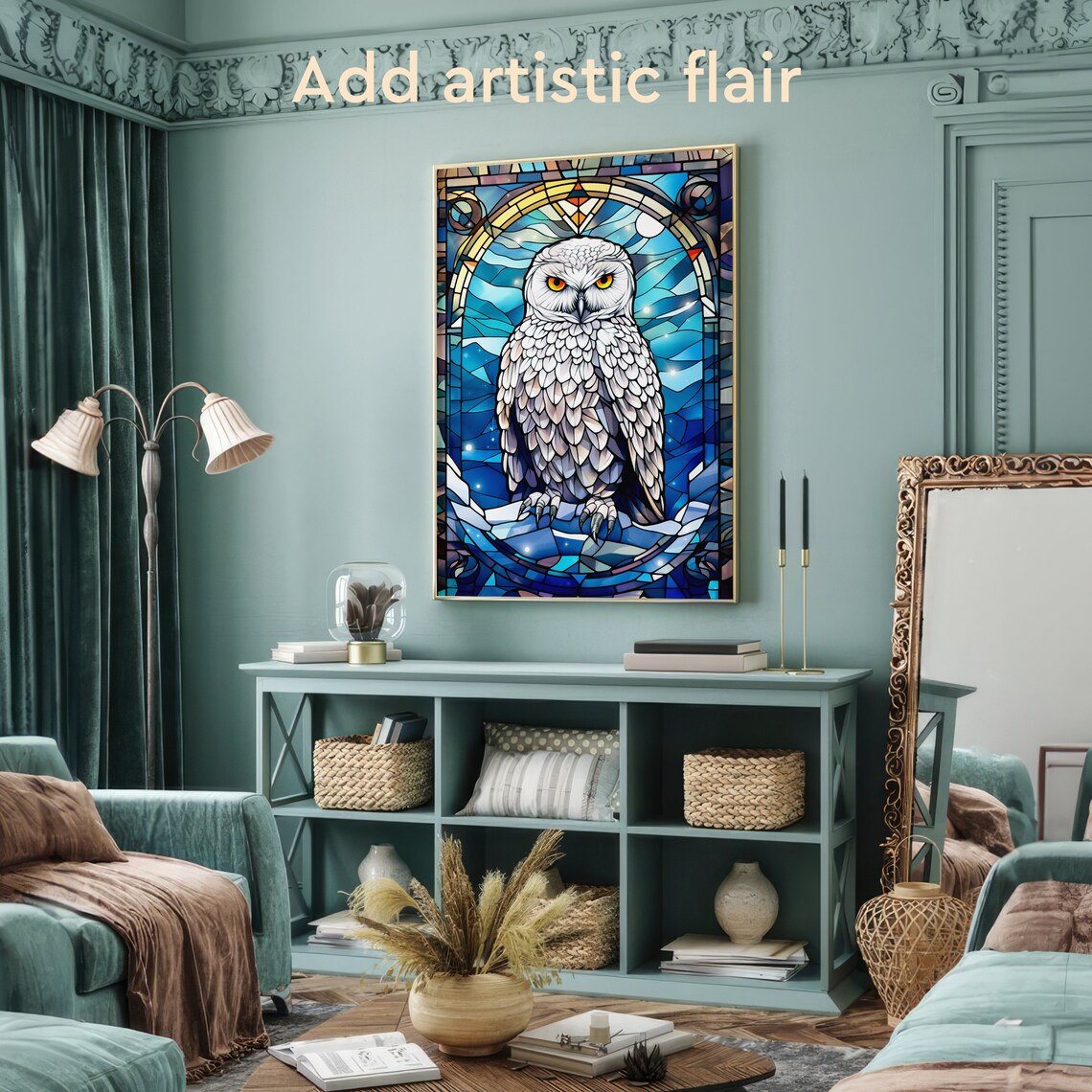 Stained Glass Snowy Owl Blue Night Gothic Window Bird Art Poster - Image 2