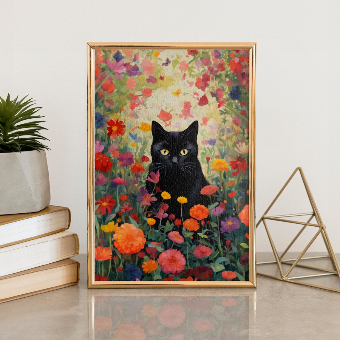 Black Cat Garden Flowers Jigsaw Puzzle Art Print