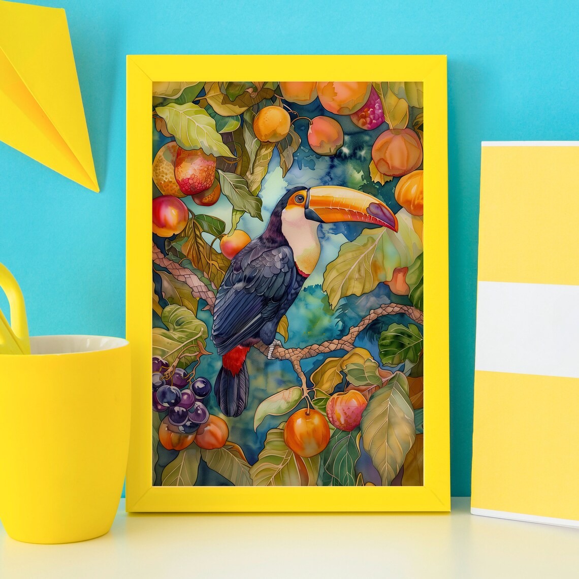 Toucan Watercolor Poster Among Tropical Fruit Tree Branches and Leaves