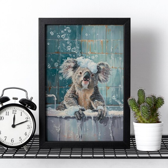 Koala Taking a Bubble Bath in a Vintage Tiled Bathroom Poster