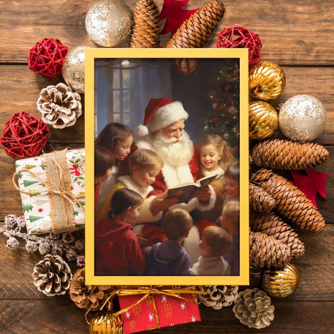 Santa Claus Reading Storybook to Children Christmas Eve Vintage Poster