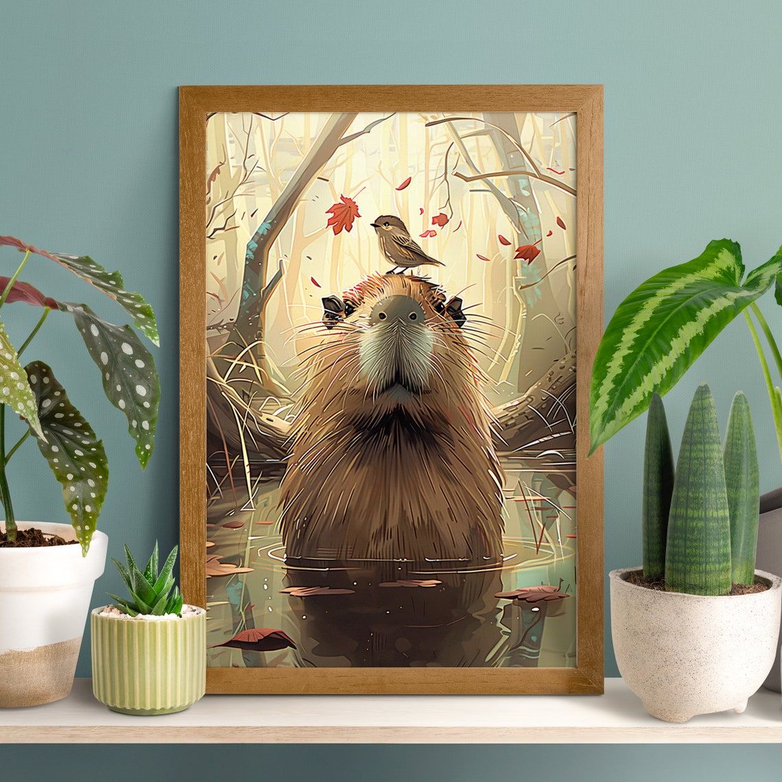 Sweet Capybara with a Little Bird Perched on Its Head Poster