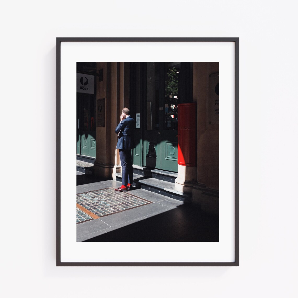 Businessman Phone Call Red Socks City Street Candid Photo Print
