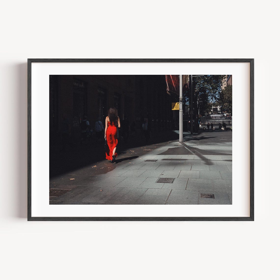 Woman in Red Dress Walking Away Shadowy Urban City Street Print