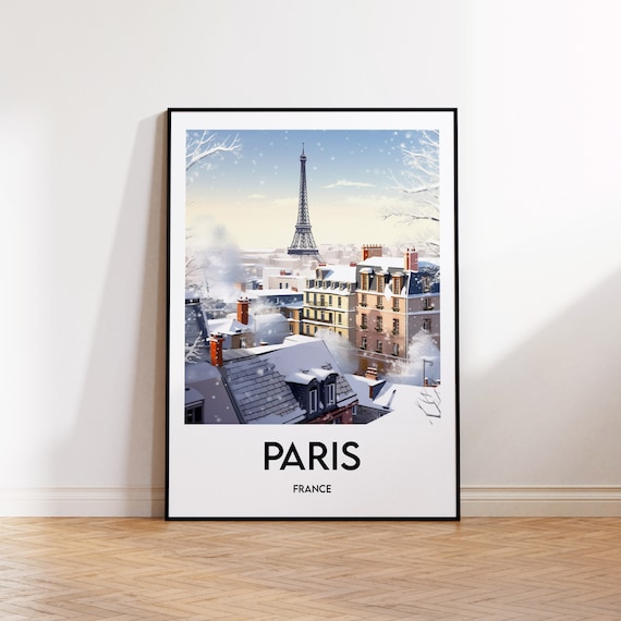 Paris France Winter Eiffel Tower Snowy Rooftops Vintage Travel Poster