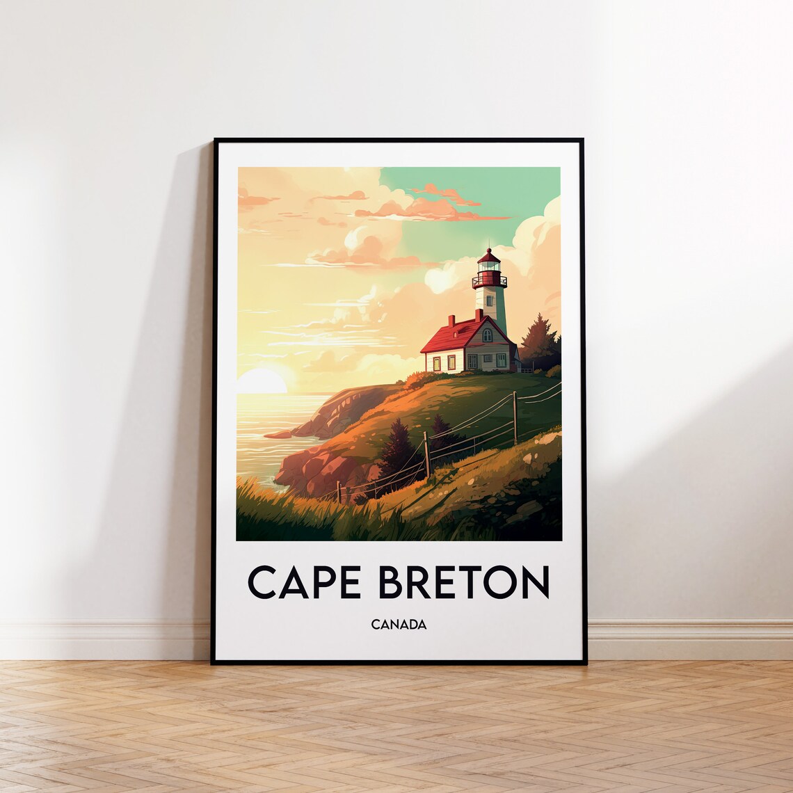 Cape Breton Canada Lighthouse Golden Sunset Vintage Travel Poster