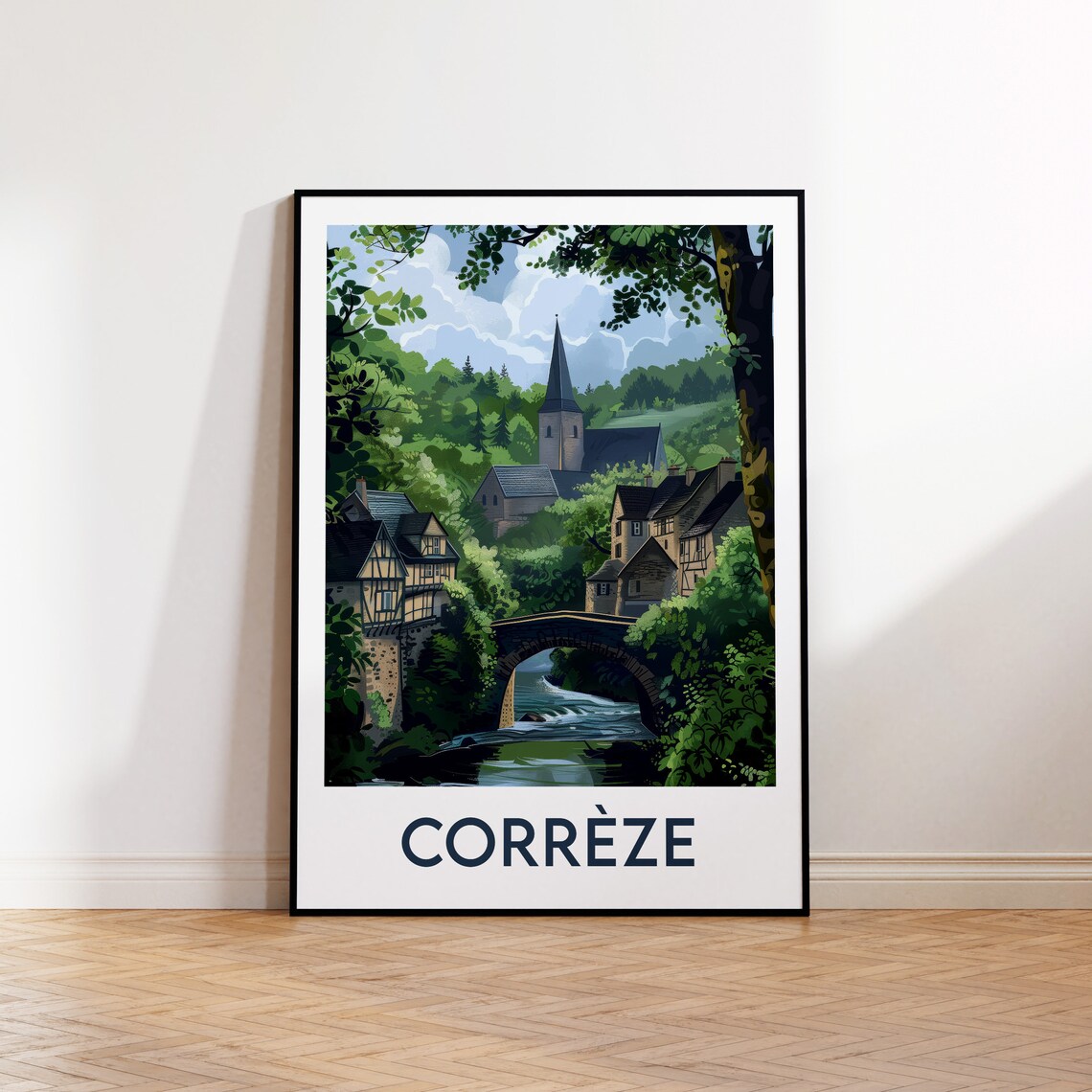 Corrèze Summer River Village Vintage Travel Poster Stone Bridge