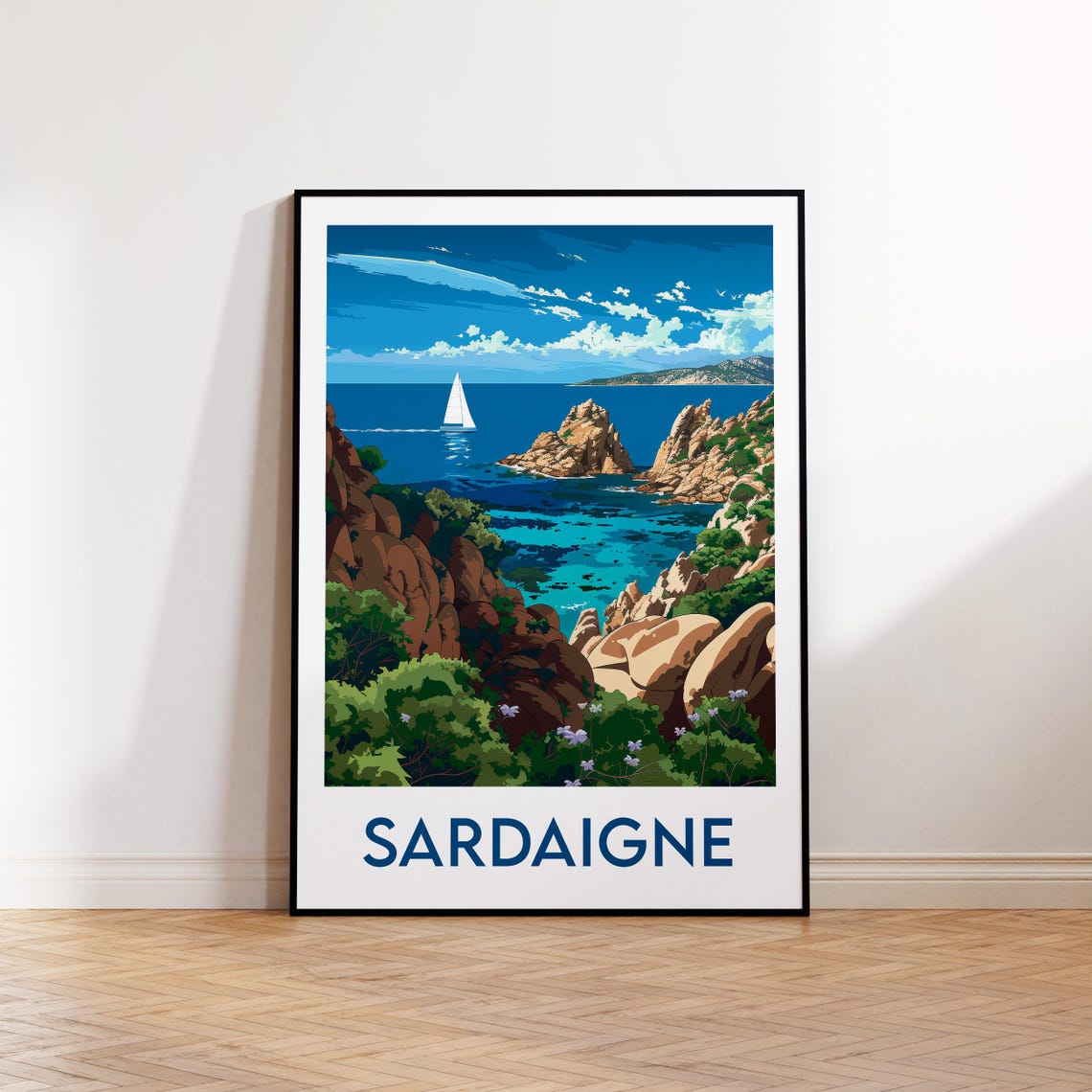 Sardaigne Coast Sailboat Red Cliffs Turquoise Sea Travel Poster