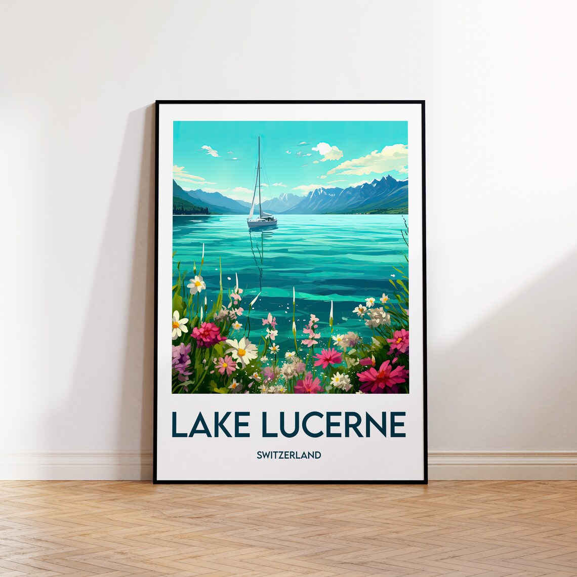 Lake Lucerne Switzerland Vintage Travel Poster Sailboat and Flowers