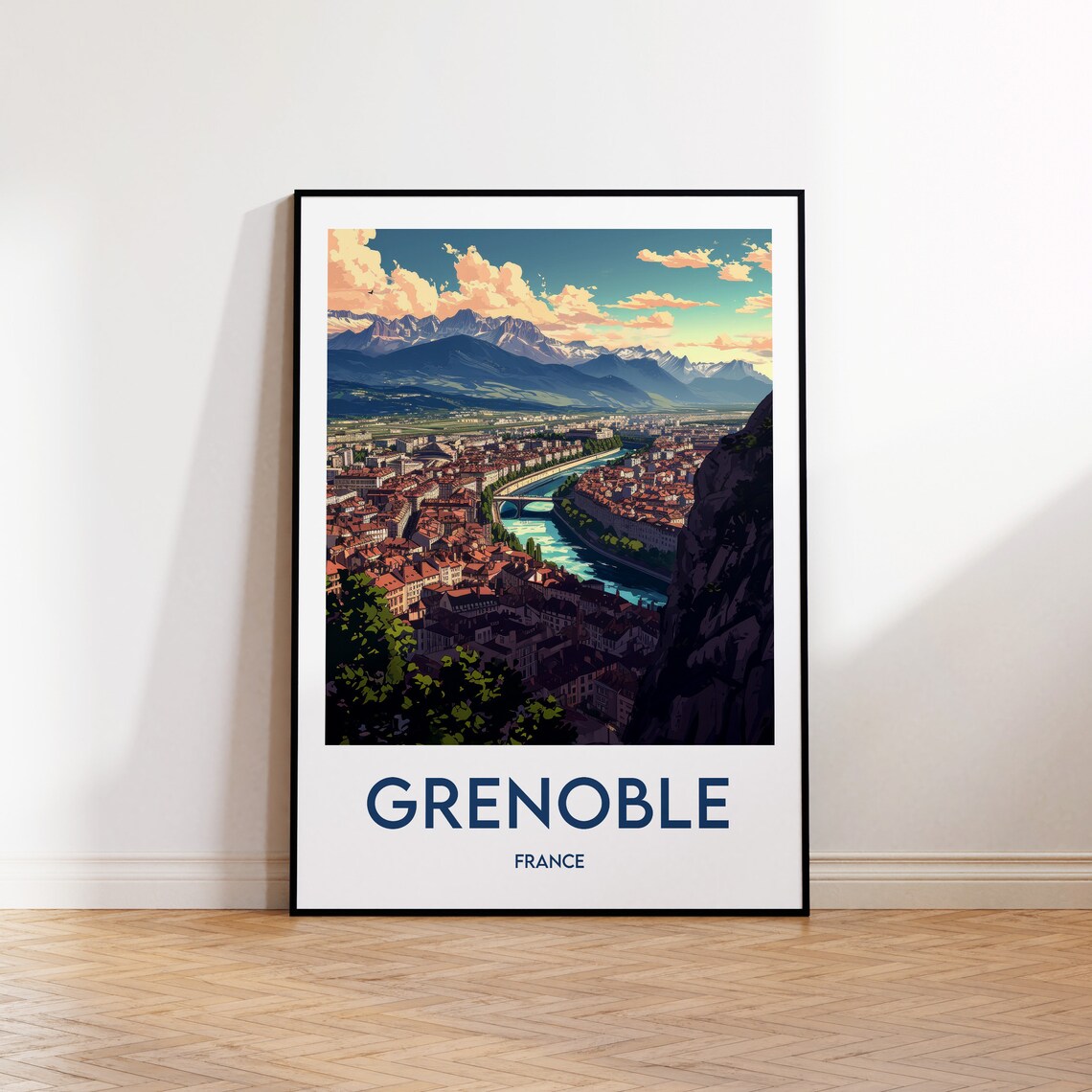 Grenoble France City River With Alpine Mountains Travel Poster