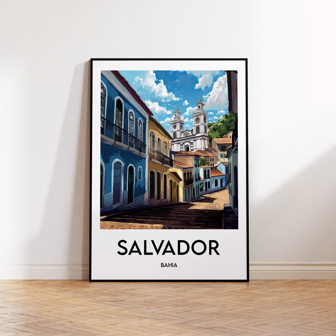 Salvador Bahia Colonial Church Cobblestone Street Travel Poster