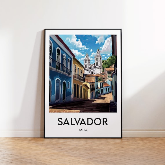 Salvador Bahia Colonial Church Cobblestone Street Travel Poster