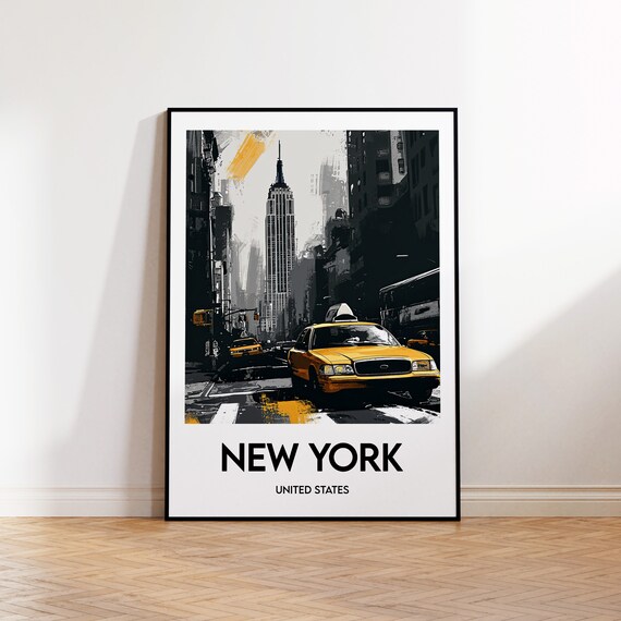 New York Yellow Taxi Empire State Street Scene Travel Poster